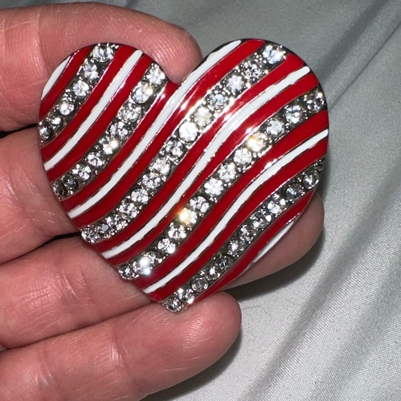Heart brooch pen with rhinestones red and striped - Picture 2 of 2